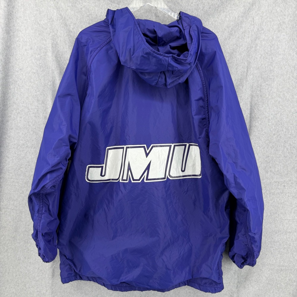 Vintage Russell Athletic JMU Windbreaker Jacket Mens Medium Purple Snap Hooded
